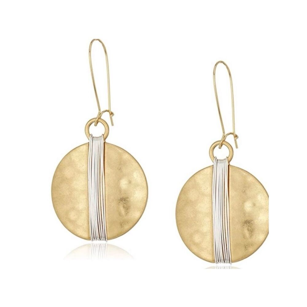 NWT Robert Lee Morris SOHO Two-Tone Gold Silver Wire Wrap Disc Drop Earrings New